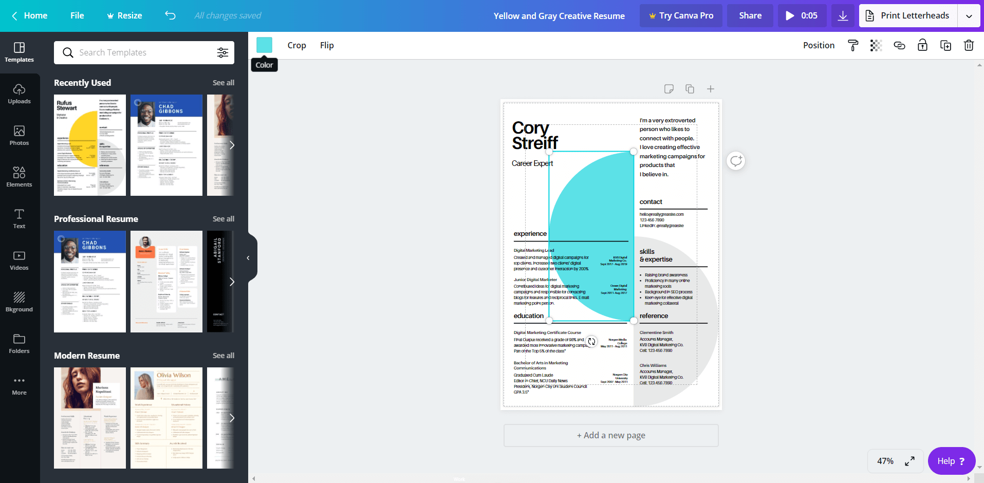 canva resume tool screenshot