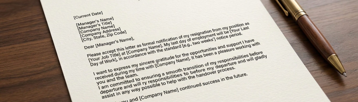 a resignation letter on a polished timber desk with pen