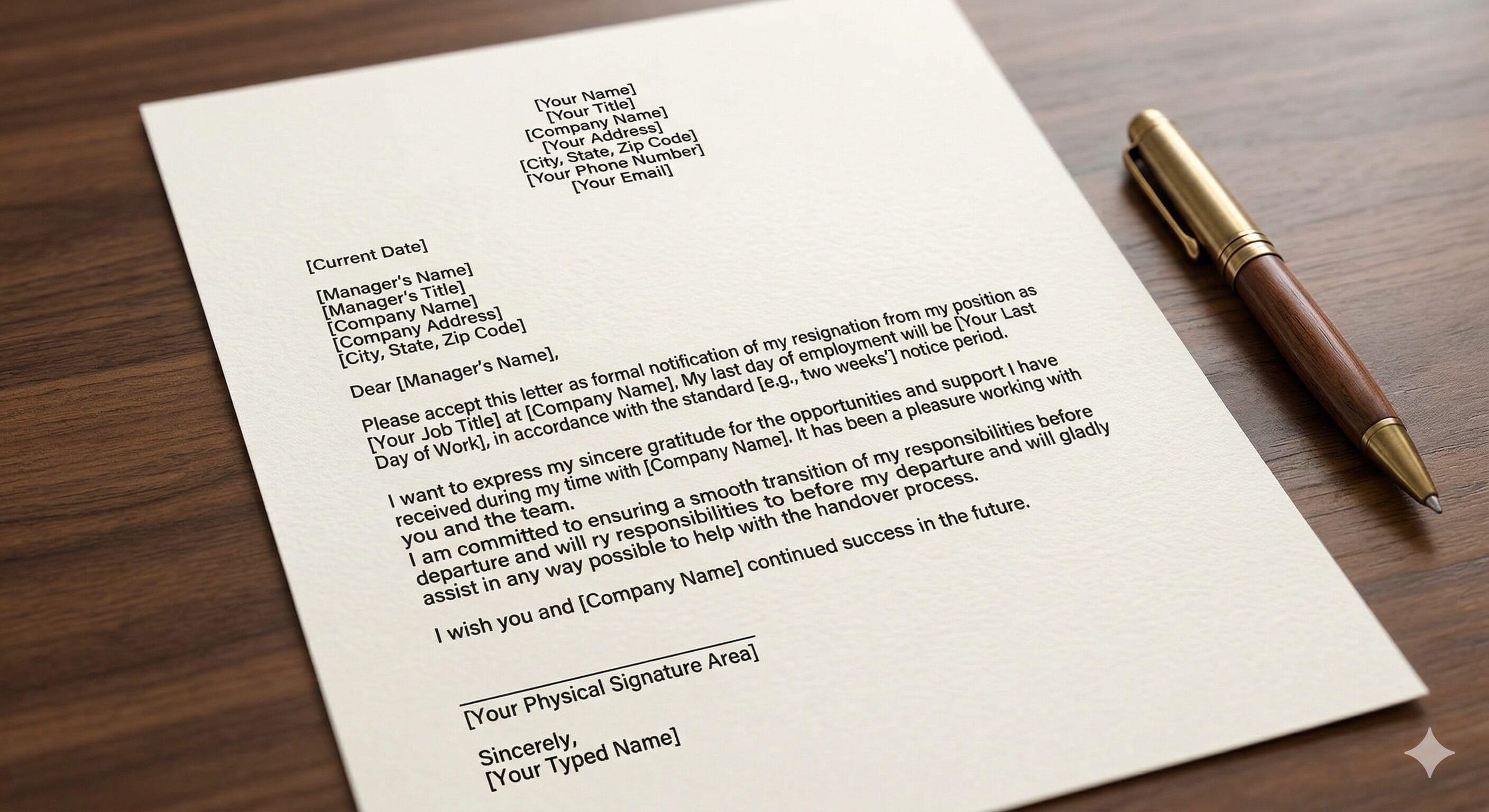 a resignation letter on a polished timber desk with pen