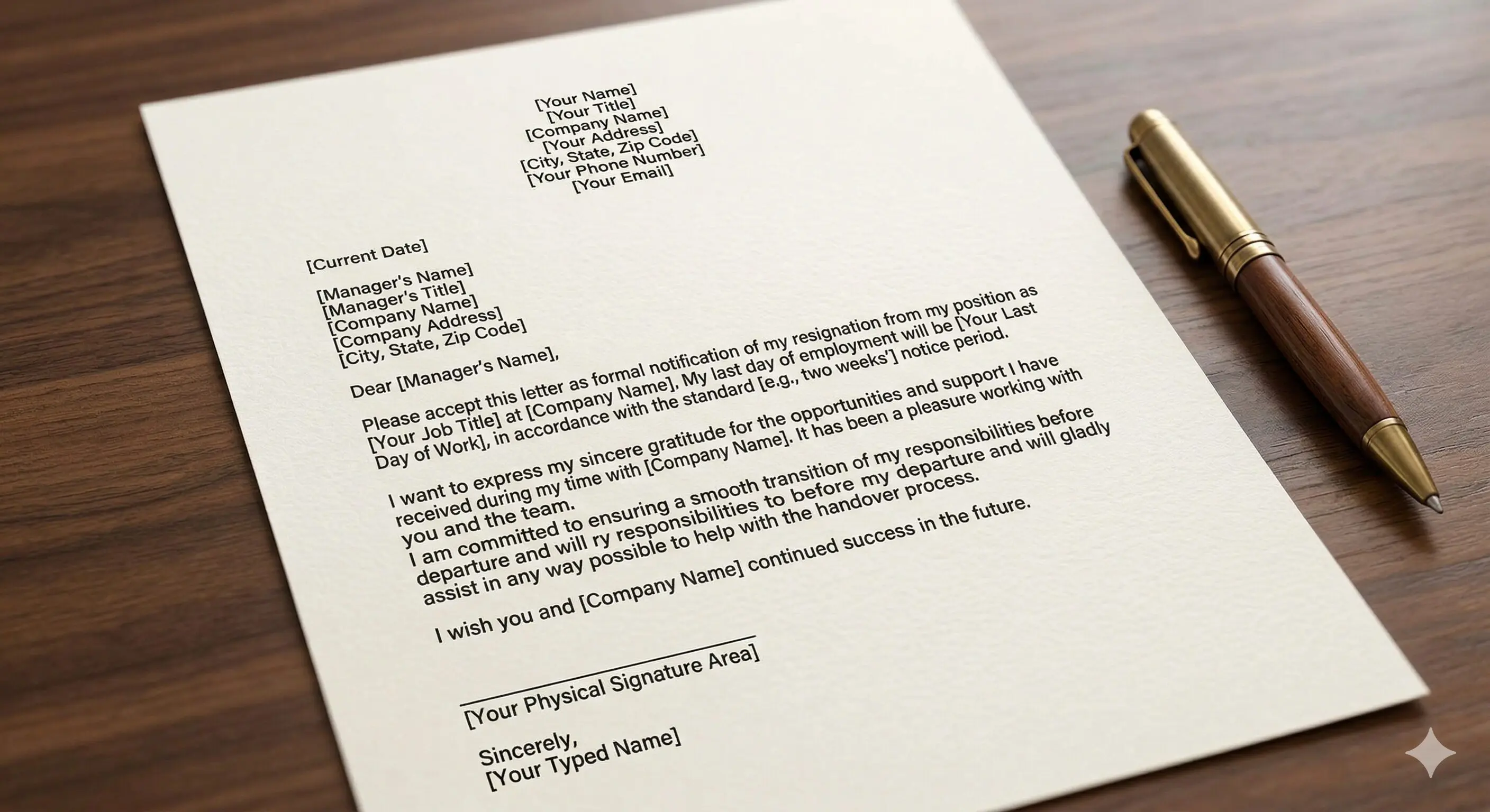 a resignation letter on a polished timber desk with pen